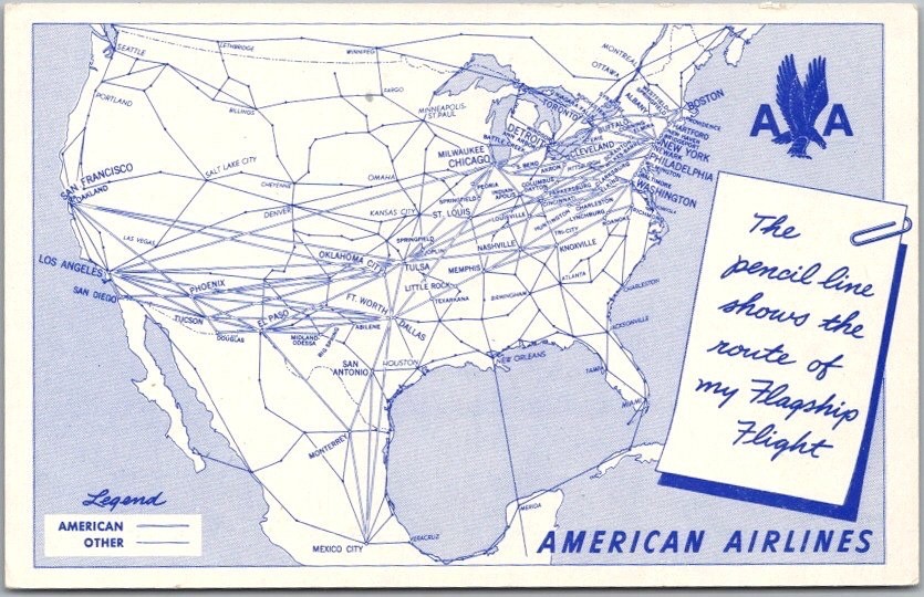 Vintage AMERICAN AIRLINES Advertising Postcard United States / System Map c1950s