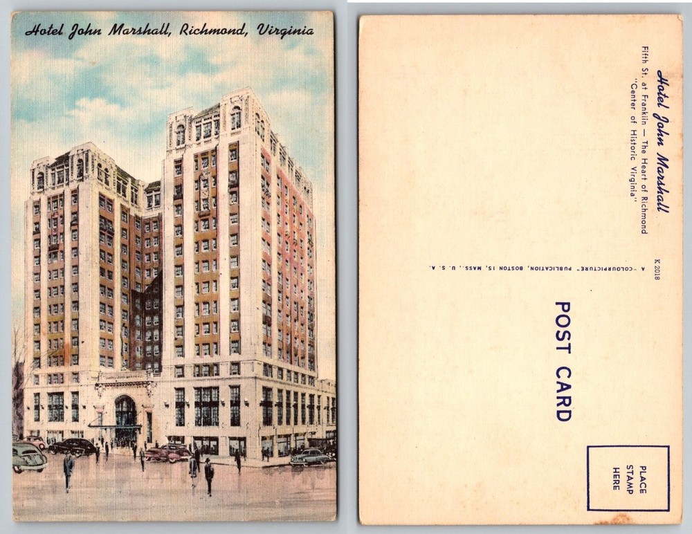 Hotel John Marshall Richmond Virginia Linen Postcard 1940s-50s Historic City