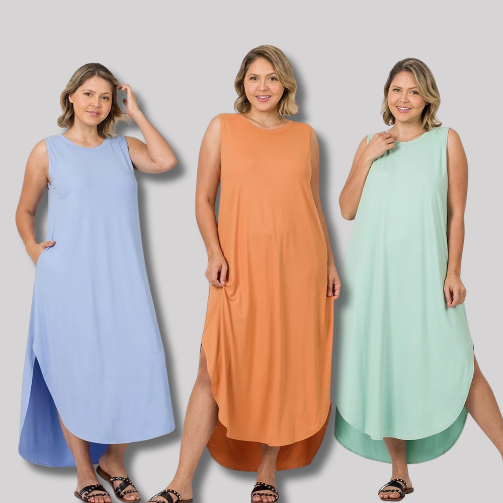 1X 2X 3X Round Neck Sleeveless Soft Brushed DTY Round High Low Hem Dress Pockets