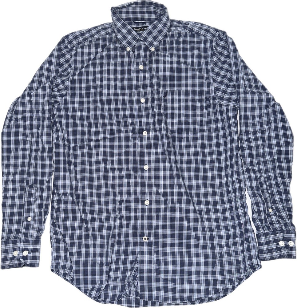 Nautica Men's Button-Down Long Sleeve Shirt Plaid Blue/White Size Medium