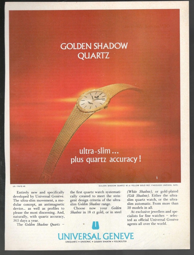 Universal Geneve Golden Shadow Quartz Watch Advertisement 1 Page 1976 Original
