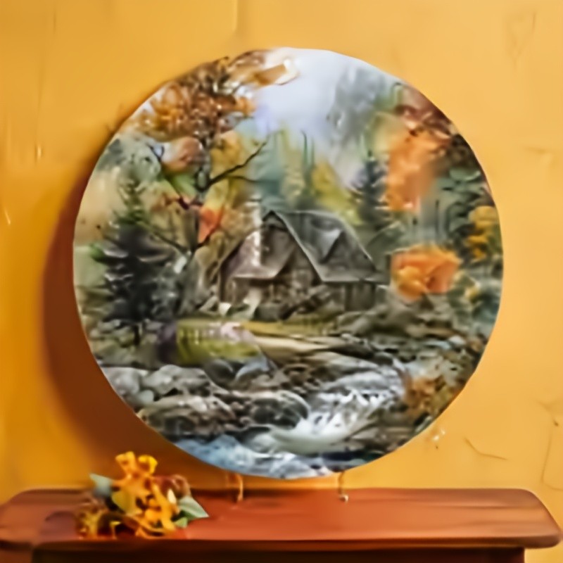 Vintage Autumn Landscape Cottage Scene Round Aluminum Art