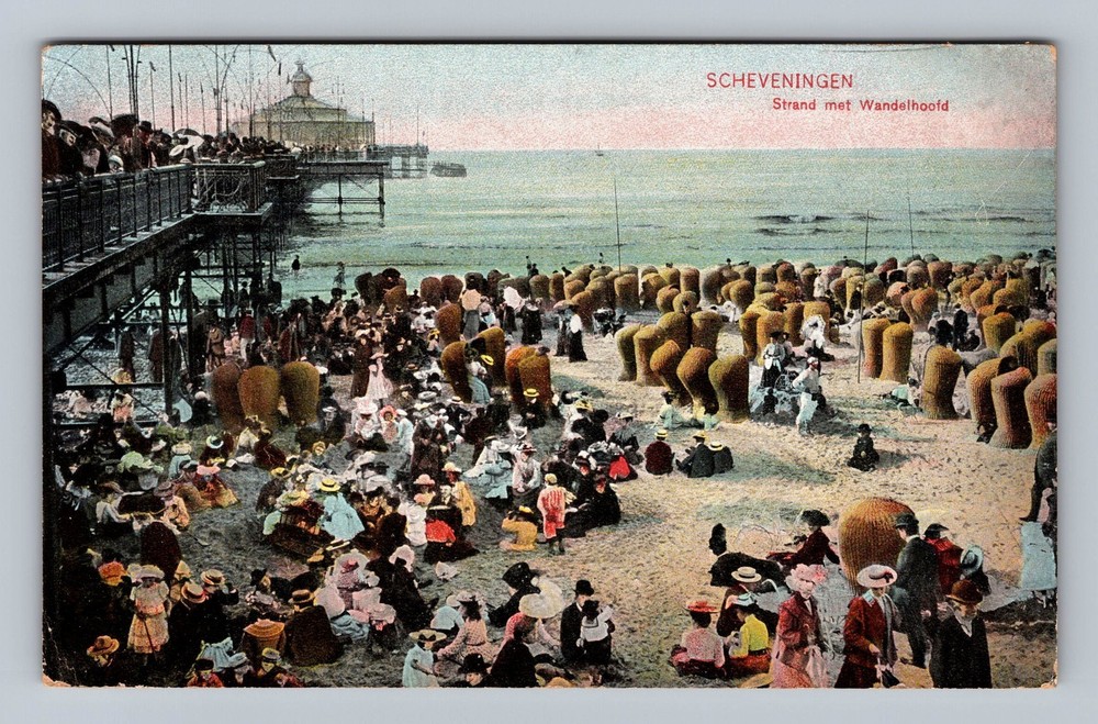 Netherlands- Scheveningen Beach With Promenade Pier Old Postal Vintage Postcard
