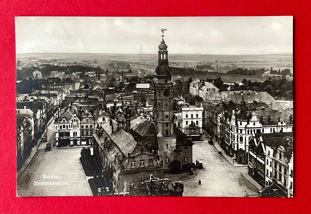 Photo postcard Bunzlau in Silesia 1929 square view with church (161711