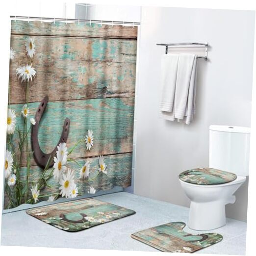 4 Piece Shower Curtain Sets with Non-Slip Rugs, Toilet Lid Western Rustic