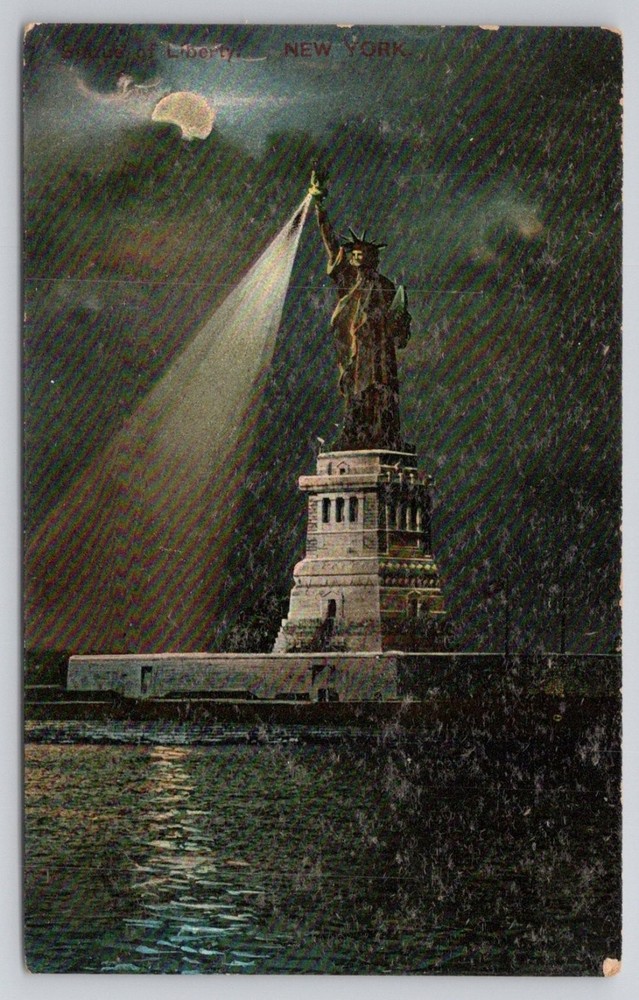 1908 Statue of Liberty Night Scene Postcard, Brooklyn NY Postmark