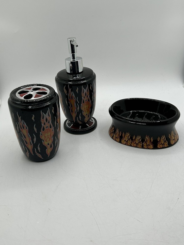 Matching Set of Motorcycle Flaming Bathroom Accessories, Soap Disp. Dispenser