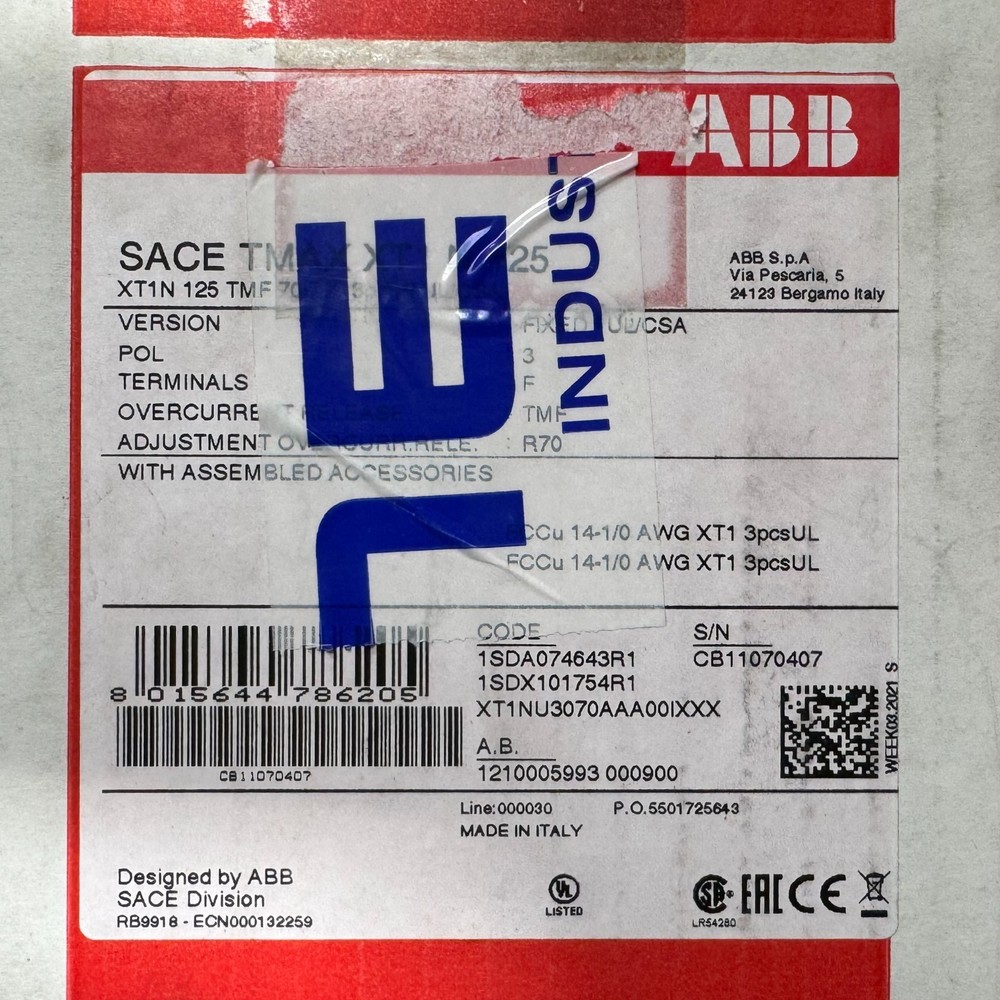 Abb Sace Tmax Xt1 N 125 Frame Xt1N 70 Amp Trip 3 Pole Circuit Breaker R70 Rod Fl