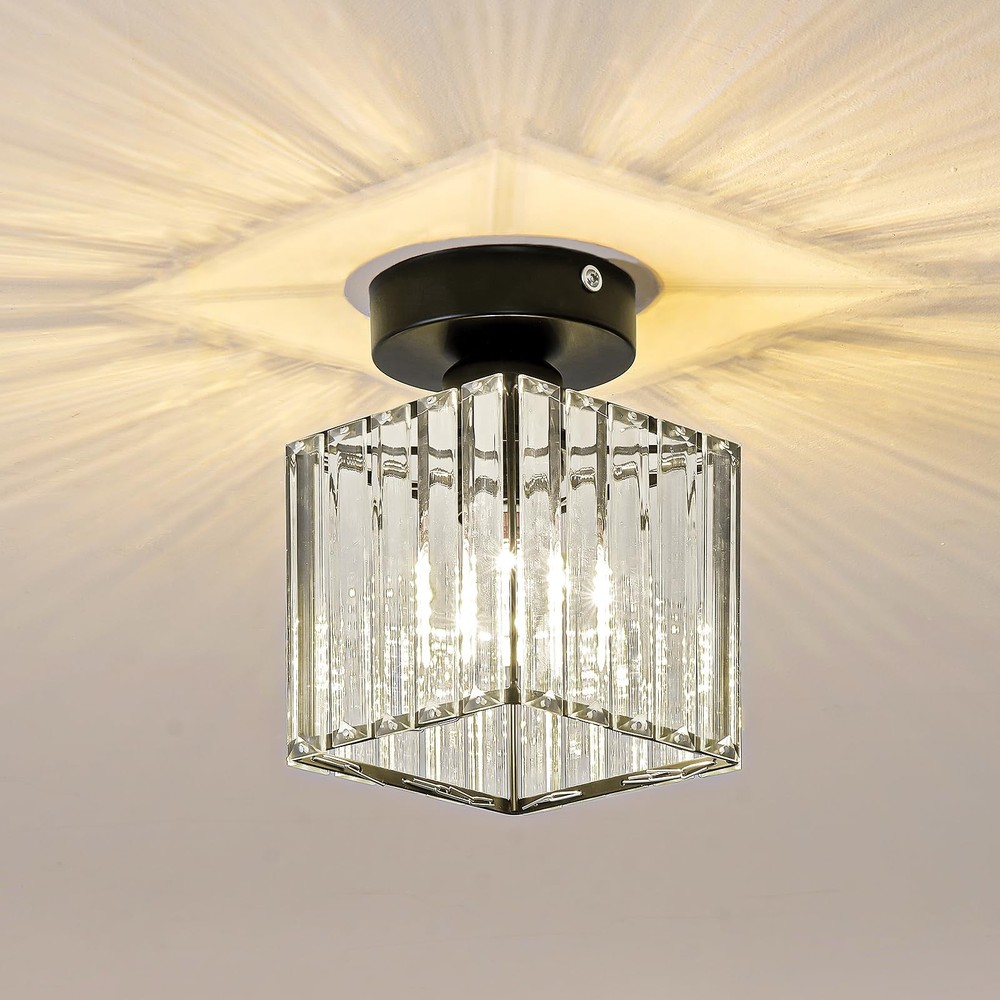 Modern Black Crystal Square Semi Flush Mount Ceiling Light for Hallway