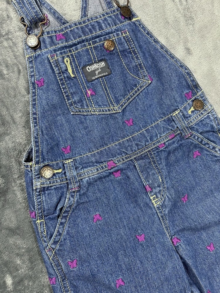 OshKosh B'gosh Girls Denim Overalls 5T Toddler Purple Butterfly Embroidered Y2K