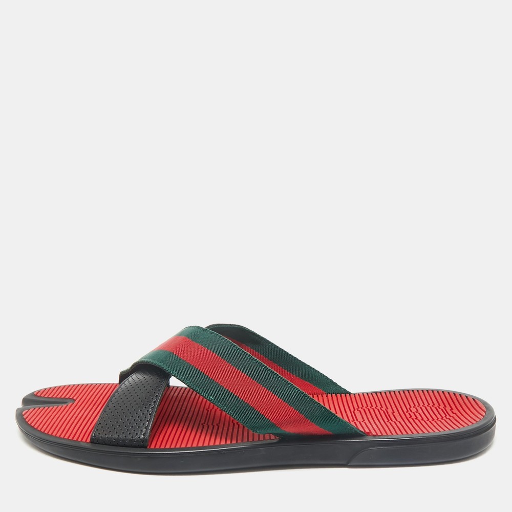 Gucci Black Leather And Web Tape Cross Strap Flat Slide Sandals Size 45