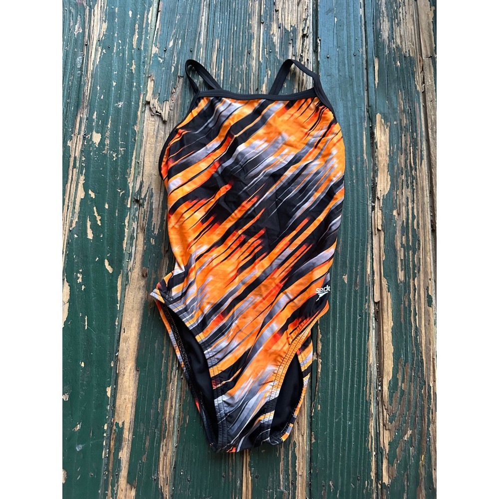 Speedo PowerFlex Eco One Piece Swimsuit Orange Black Abstract Size 28 Womens