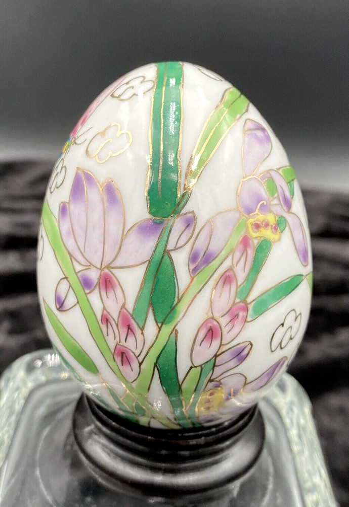 Vintage Japanese Hand-Painted Porcelain Egg, Purple Irises, w/wood stand