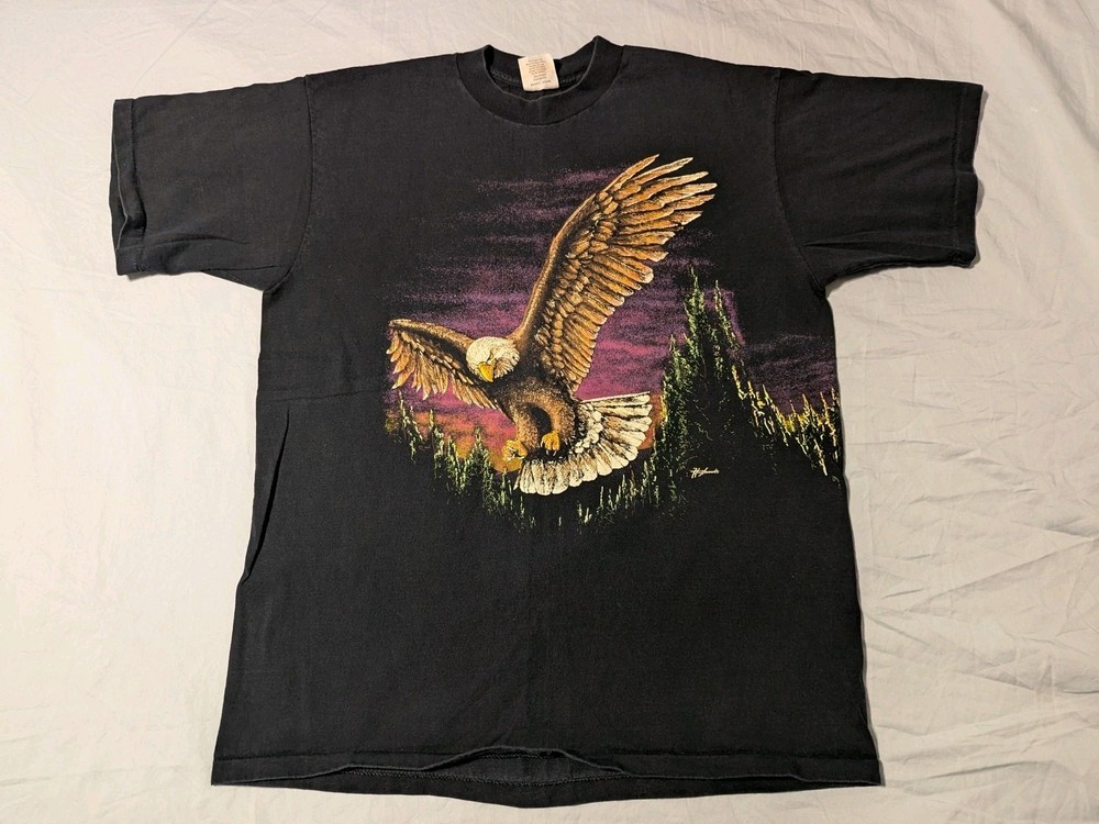 Hazelwood Eagle Scenic T-Shirt Large Black Wrap-Around Print, VTG 90s