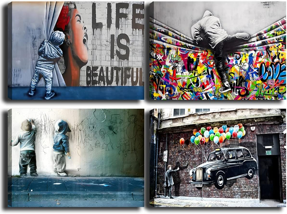 Framed Banksy Street Graffiti Wall Art Decor Large Abstract Pictures Canvas Pain-image