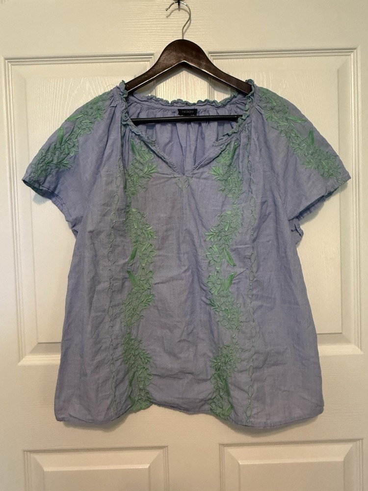 Talbots XL Blue Green Floral Embroidered Ruffle V-Neck Short Sleeve Cotton