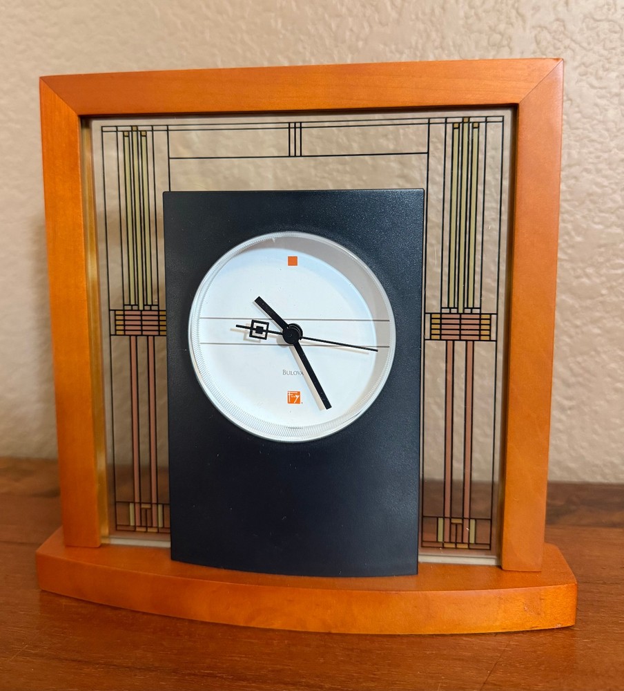 Bulova Frank Lloyd Wright Willits Table Clock Wood Art Glass B7756