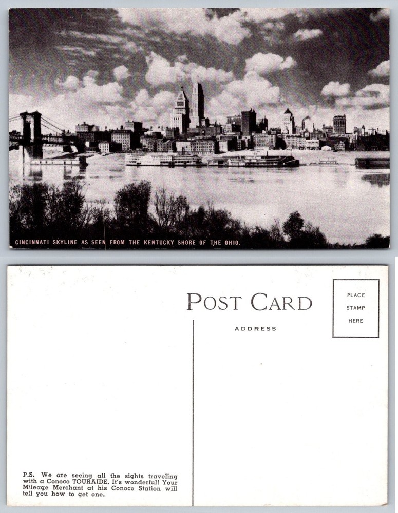 Vintage Cincinnati Skyline Postcard Ohio River Kentucky Shore Conoco Touraide