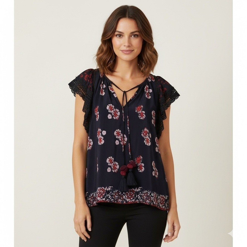 Sea New York Navy Floral Lace Trim Tassel V-Neck Boho Blouse Top Size 8