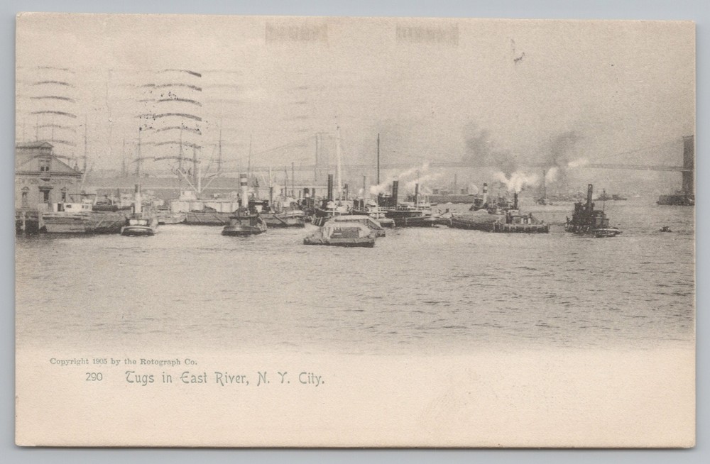 Transportation~Tugs On East River New York City B&W Card~Vintage Postcard