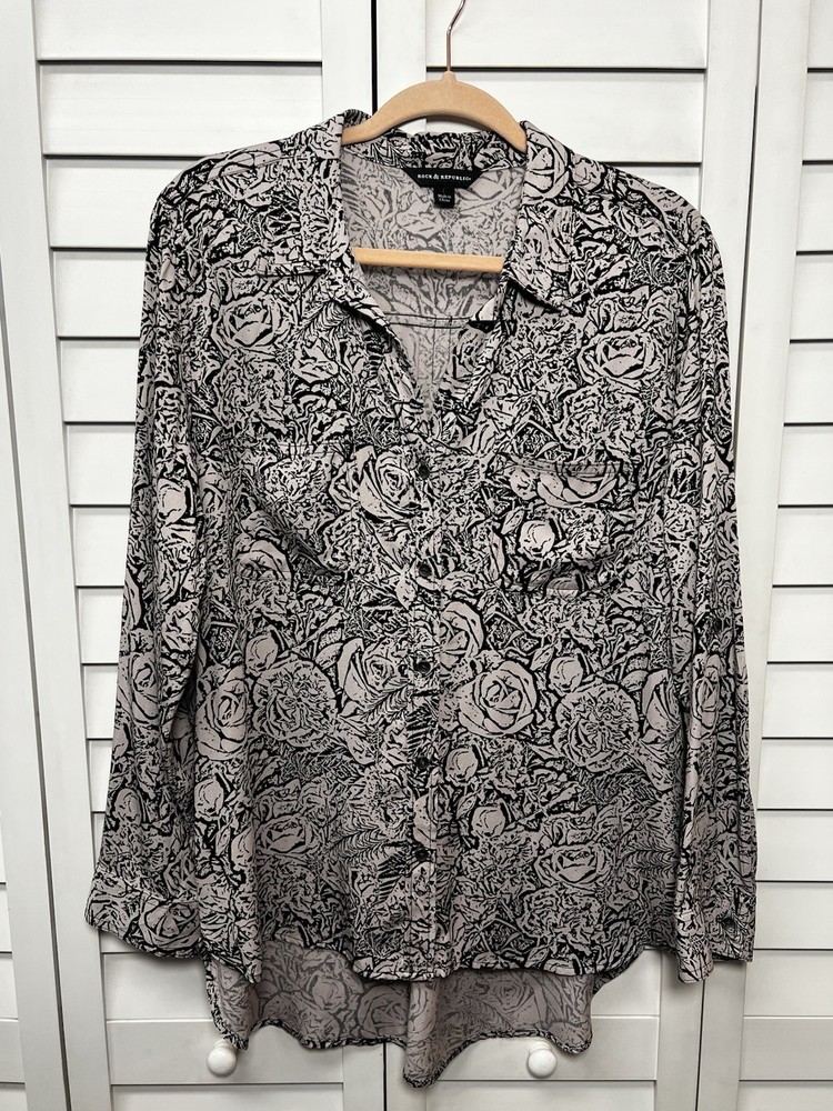 Rock & Republic Floral Long Sleeve Button Down Tunic Top Boho Women’s Size Large