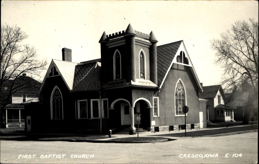 First Baptist Church ~ Cresco Iowa IA ~ RPPC real photo ~ mailed 1957