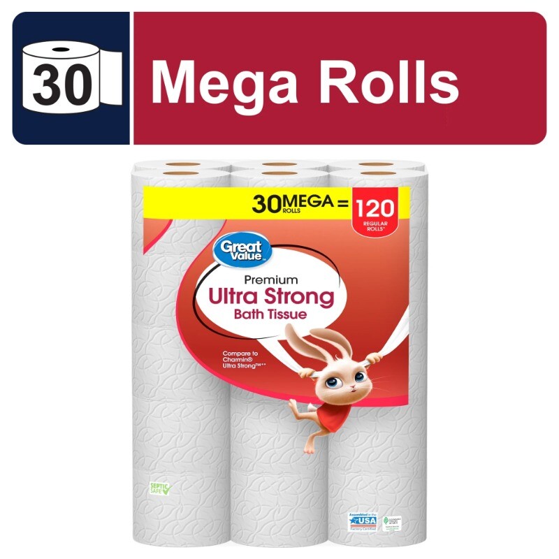 30 Mega Rolls Ultra Strong Toilet Paper 2 Ply Tissue Unscented Absorbent House
