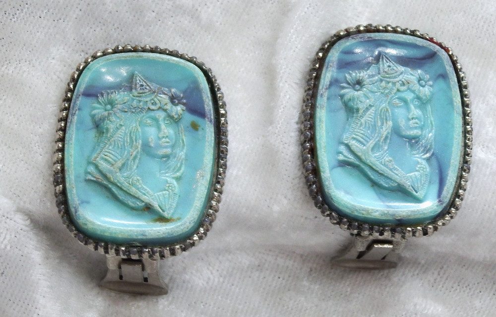 Vintage Turquoise Carved Cameo Clip Back Earrings