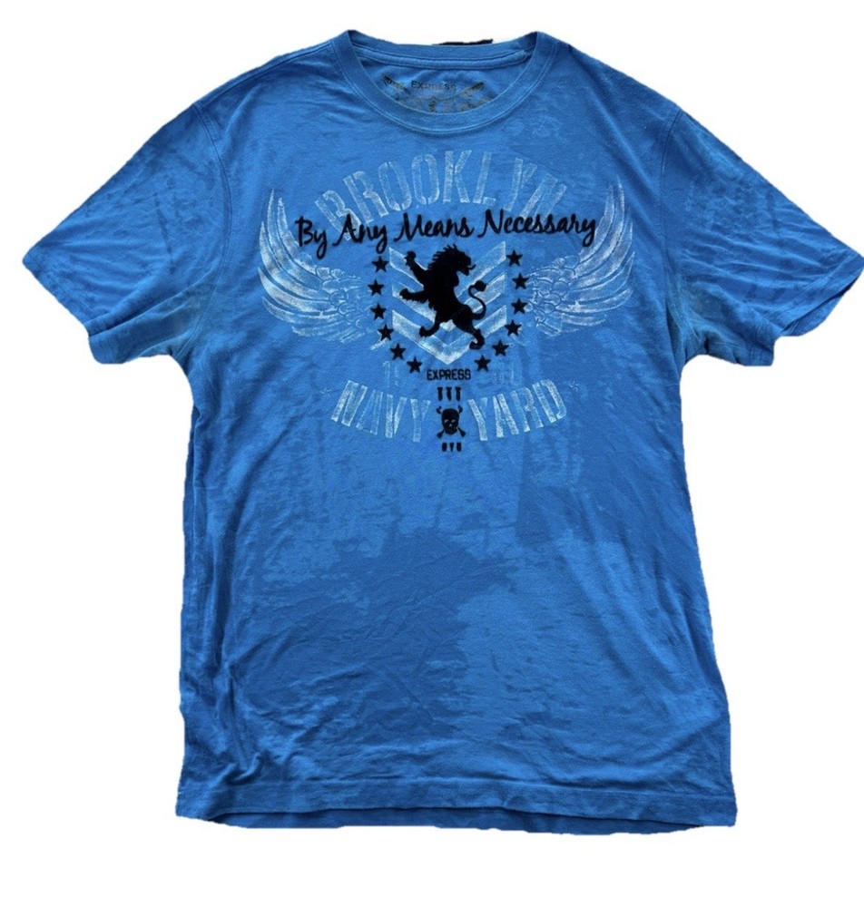 Express Affliction Style AOP Brooklyn T Shirt Men's Medium Blue Y2K Grunge Emo