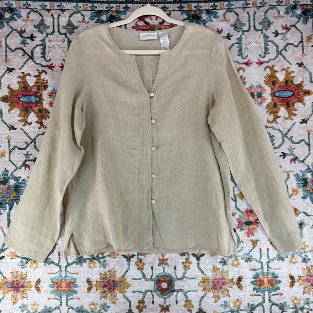 Liz Claiborne Womens Beige 100% Linen Long Sleeve Split Neck Button Top Size M