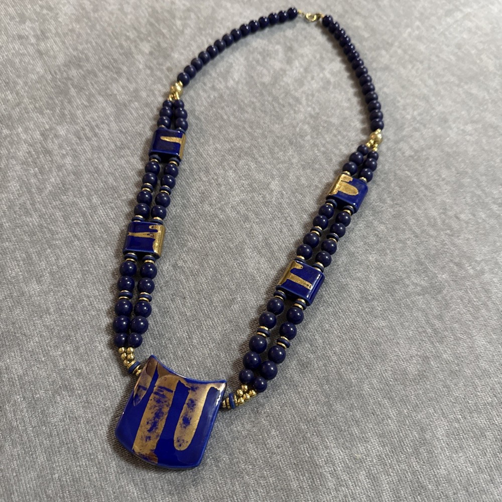 Vintage necklace Navy Blue lucite ceramic blue Gold Pendant Beaded Long Japan