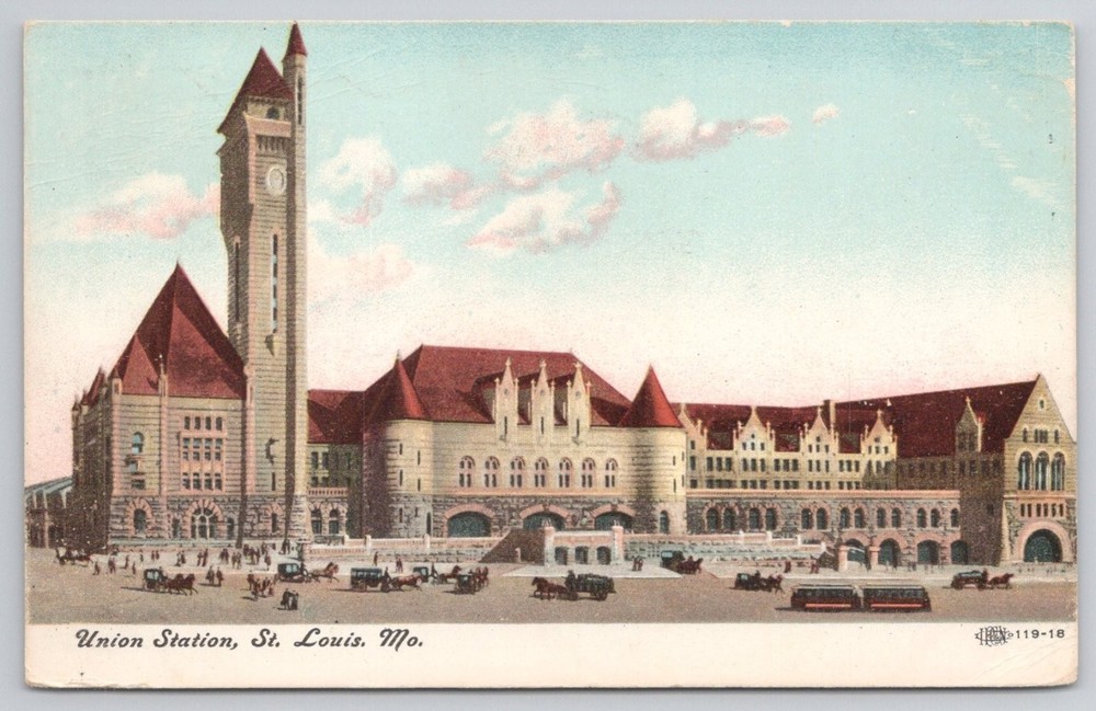 1908 Union Station St. Louis MO Postcard - Clock Tower & Trolley