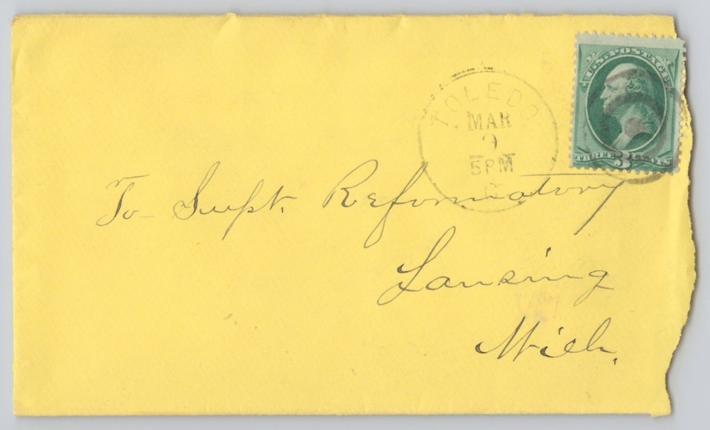 Toledo, Ohio, Addressed Yellow Envelope, 3c Green Washington Stamp, Mar 9 Cancel