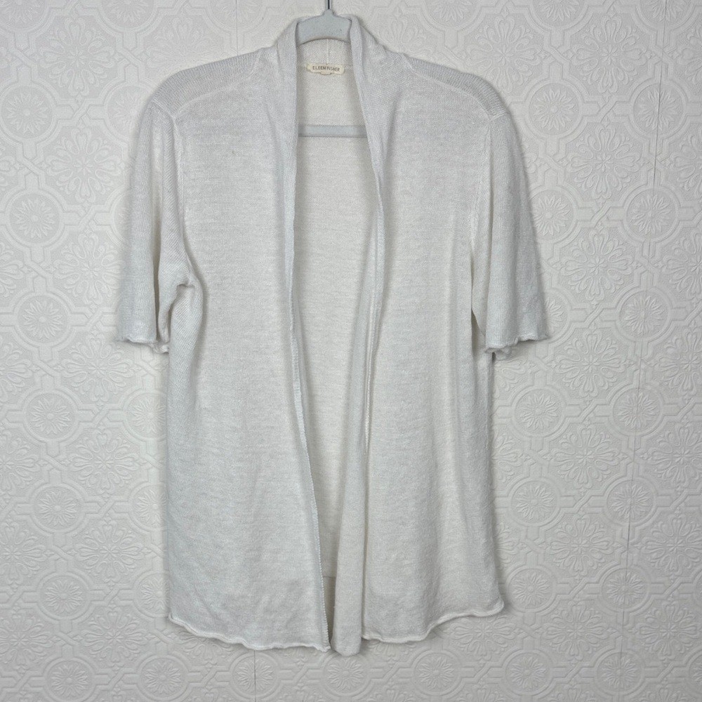 Eileen Fisher White Linen Open Front Cardigan Short Sleeve Size XL