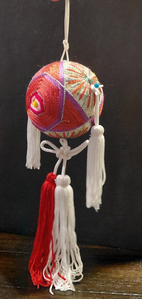 Japanese Temari Thread Ball Hand Embroidered Geometric Folk Art Ornament