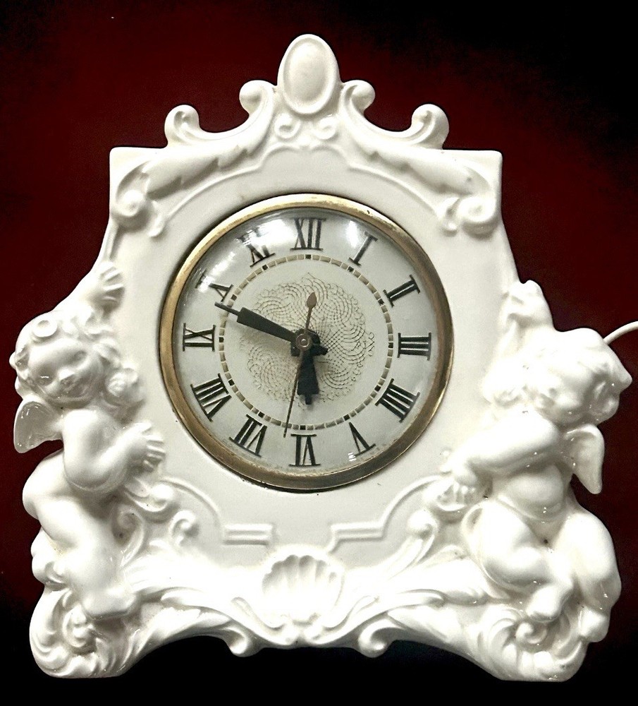Vintage Lanshire Victorian White Porcelain Electric Mantle Clock • Cherub Angels