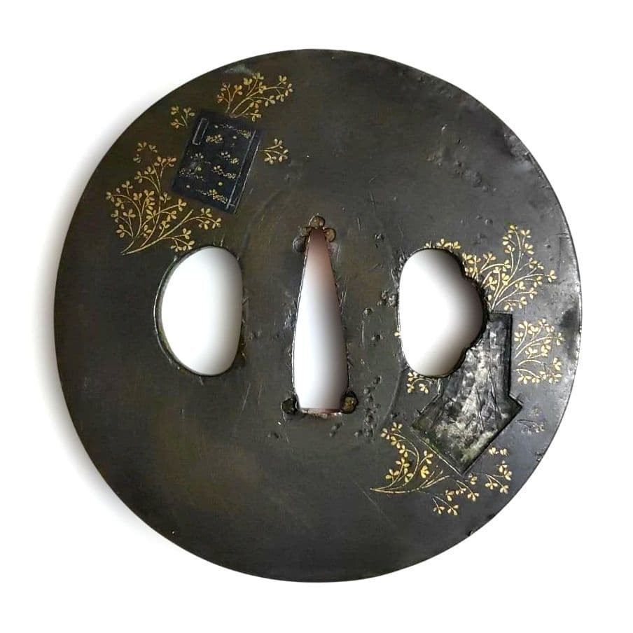 Autumn Grass Tsuba Gold Inlay Round Decorative Sword Guard Used