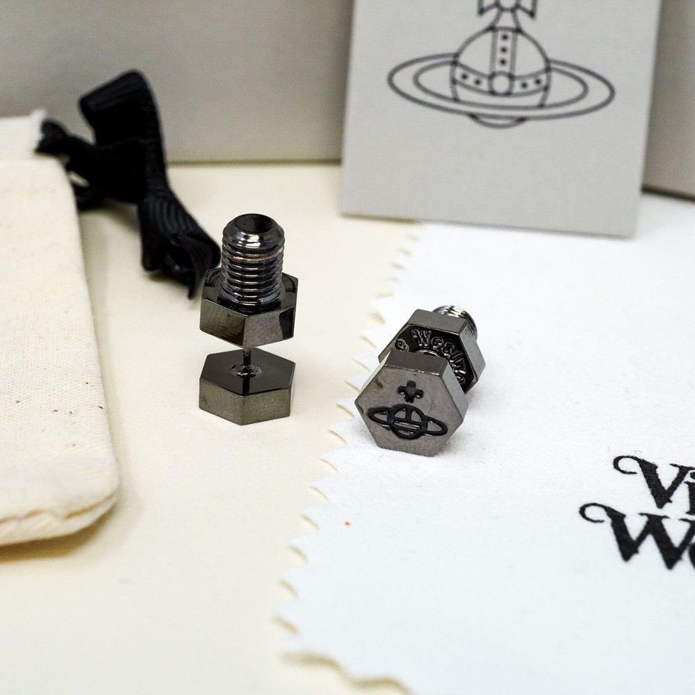 Vivienne Westwood Earrings, Gun Metal Bolt / Screw Orb Studs Gift Box Set