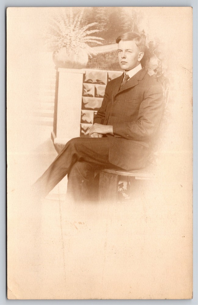 RPPC~Portrait Of Young Man On Bench~Real Photo Postcard