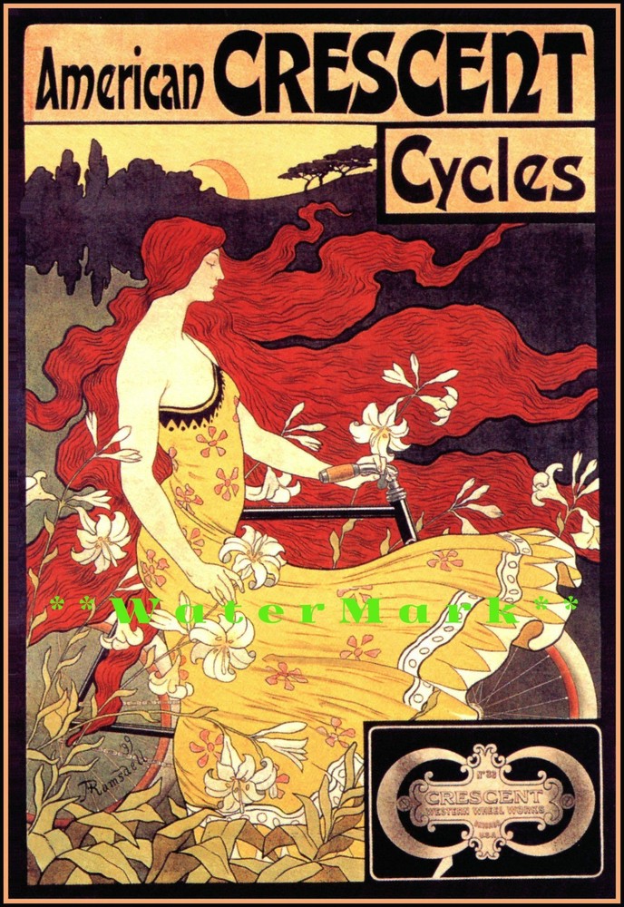 Cycles Crescent 1899 Art Nouveau Vintage Bicycle Poster Retro Advert