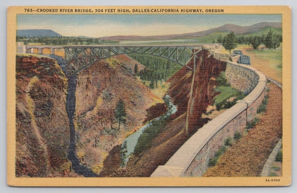1939 Crooked River Bridge Oregon Dalles-California Hwy Linen Postcard