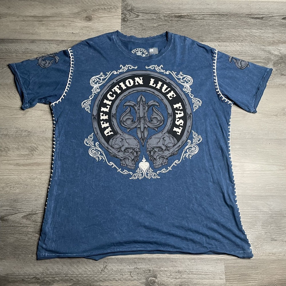 Vintage Y2K Affliction Live Fast Goth Patchwork Blue Shirt Size US 2XL