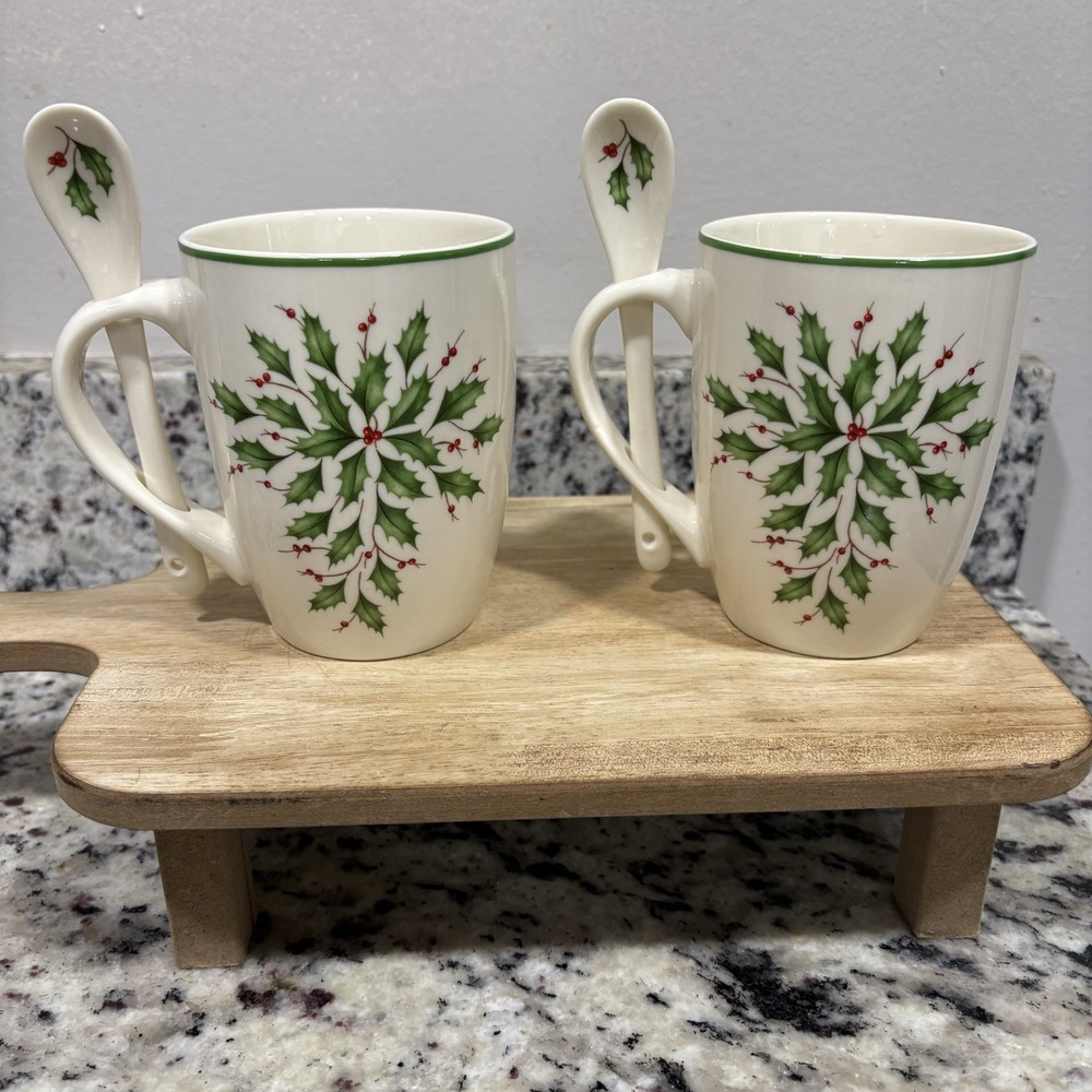 Lenox Holiday Holly Set of 2 Coffee Mugs with Spoons