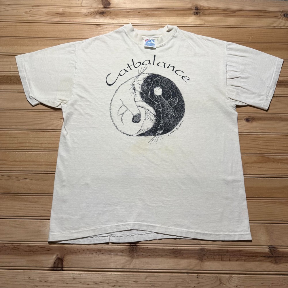Vintage 90s Hanes Catbalance Yin Yang Art Animal Graphic T-Shirt USA - Large