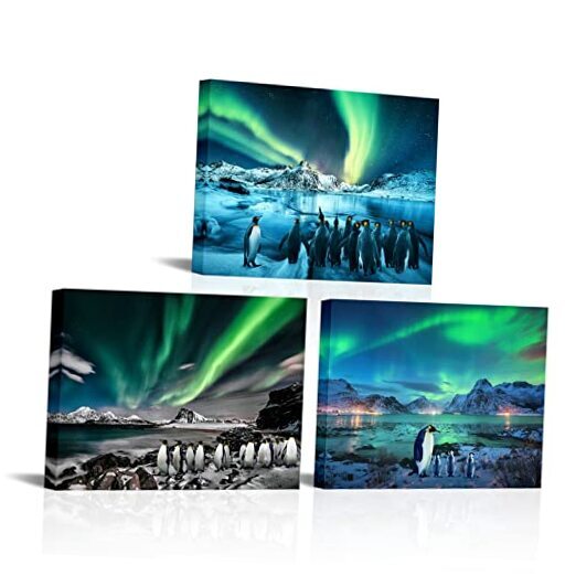 - 3 Piece Aurora Borealis Wall Art Penguin Pictures Prints on Canvas Small