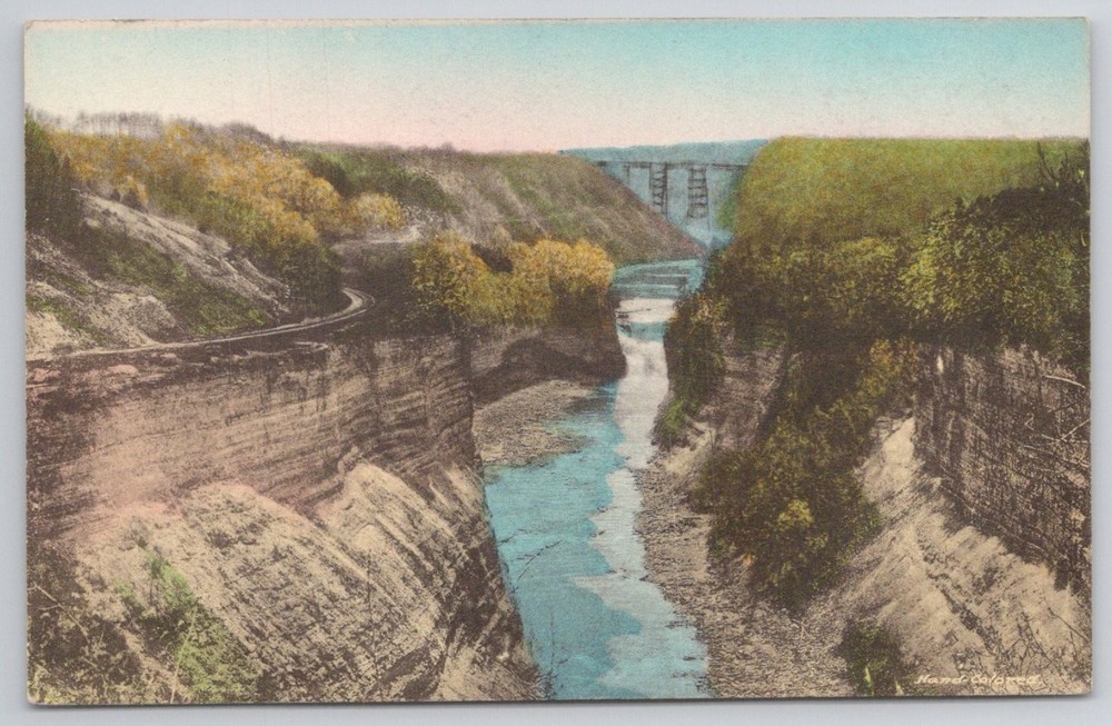 Portage Bridge Letchworth State Park NY Handcolored Postcard Albertype