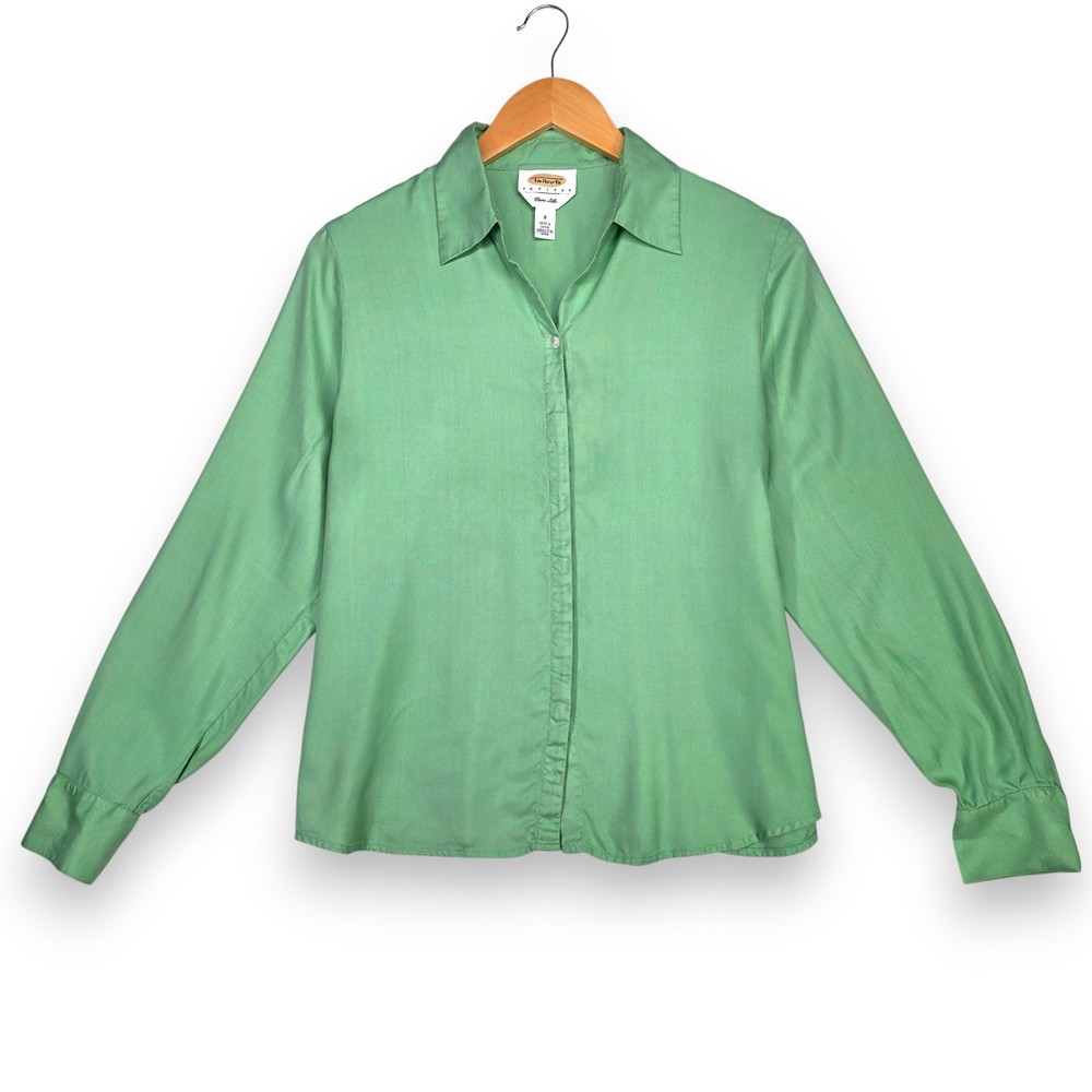 TALBOT'S 100% Silk Petite Sz 8 Women's Long Sleeve Top Shirt Button Down Green