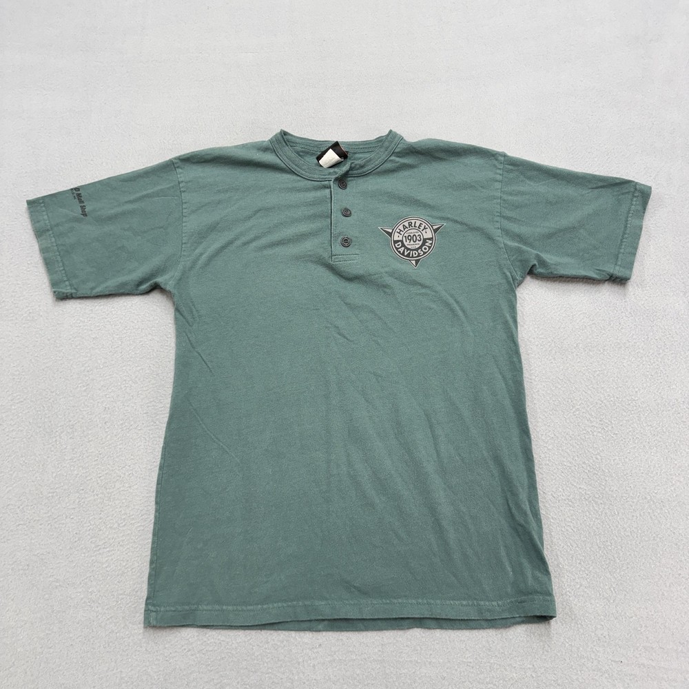 Vintage Harley Davidson Shirt Mens Medium Green Henley Made USA Shelton's 90s