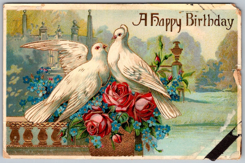 Antique Postcard Birthday Doves Roses New York, NY 1910s