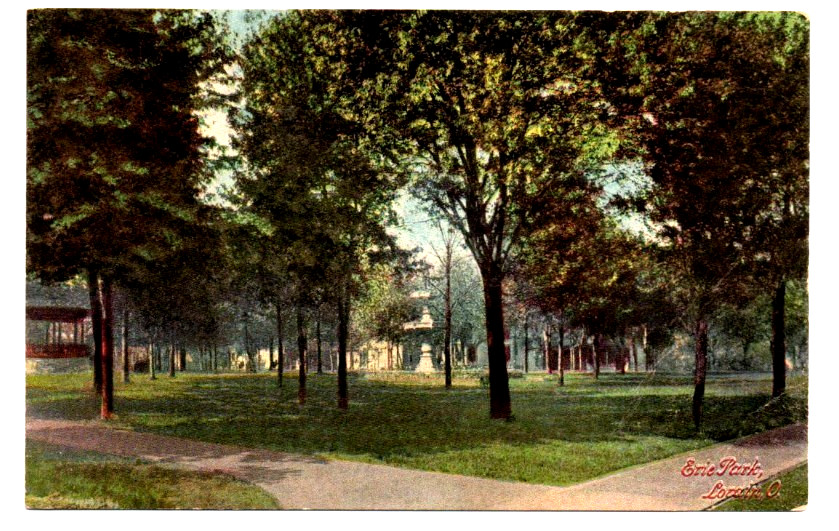 Vintage Postcard Erie Park Fountain Trees Lorain Ohio